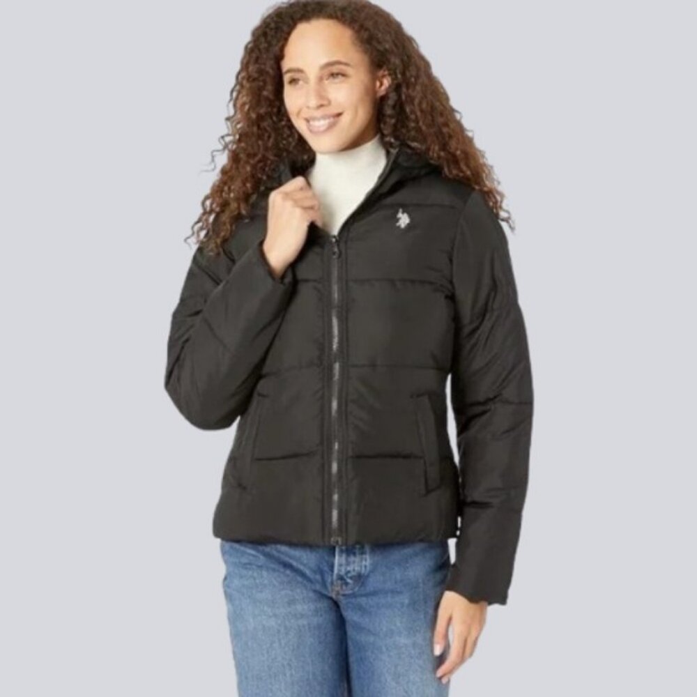 U.S. Polo Assn. basic hooded puffer jacket black women's size L